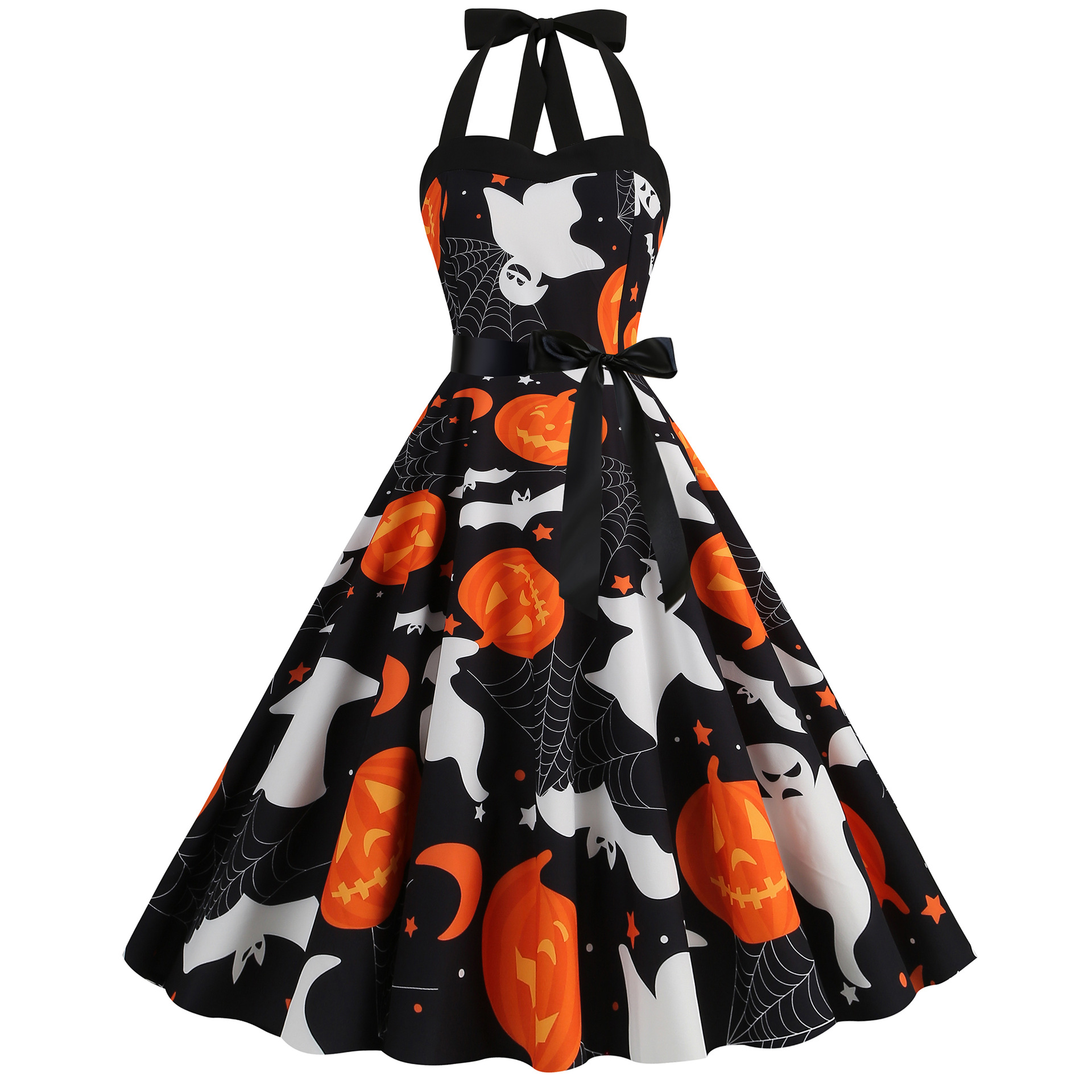 Women Sleeveless Halter Print Halloween Dresses Elegant Festival Party Costumes